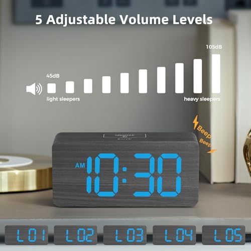 uscce Wooden Digital Alarm Clocks for Bedrooms with 0-100% Dimmable Display