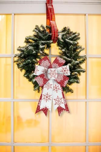 Hying 2 Pieces Christmas Bows for Wreath, Christmas Wreath Bow Glitter Red White Burlap Bows Xmas Snowflake Craft Bows Ornaments for Front Door New Year Christmas Party Decoration Supplies