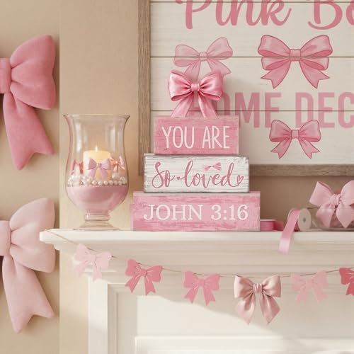 Lineshading 4 Pcs Pink Bow Decor Christian Table Decor Wooden Block Signs