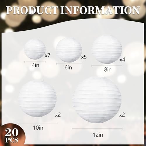 20Pcs White Paper Lanterns for Parties, 4” 6” 8” 10” 12” Chinese Asian Hanging Round Paper Lanterns for Birthday Wedding Halloween Christmas Home Decor Party Decor