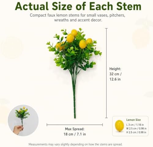 6 Pcs Artificial Lemon Branches Small Artificial Fruit Lemon Tree Greenery Decoration Faux Lemons Picks for Farmhouse Kitchen Home Table Decor Stem Fruits for Home Spring Summer Decor