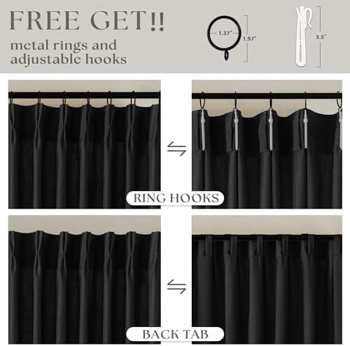 Black Pinch Pleated Linen Semi Sheer Curtains 45 Inch Length 2 Panels Set