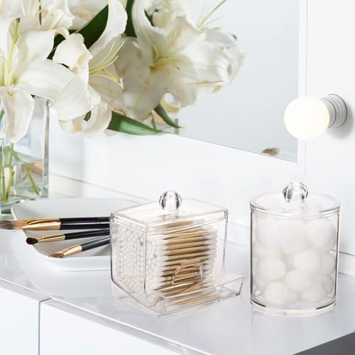 Tbestmax Qtips Dispenser Bathroom Container, 10/12 oz Big Cotton Ball Holder, Clear Plastic Apothecary Jar Organizer