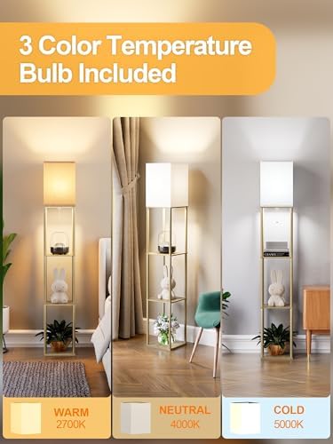 Floor Lamp with Shelves for Living Room Natural Wood, Shelf Floor Lamp with 3 CCT LED Bulb, Corner Display Standing
