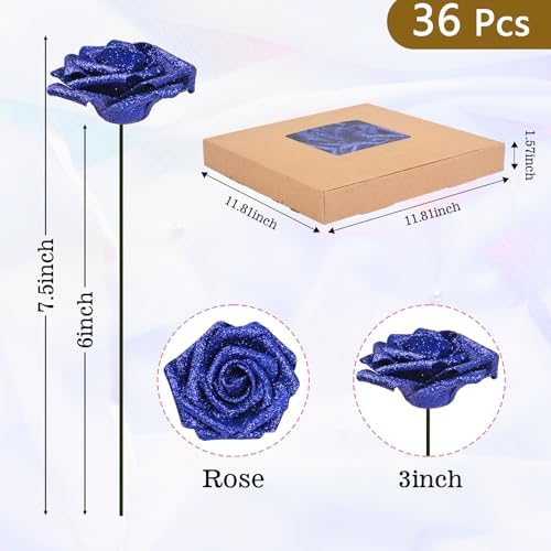 BLEUM CADE 36Pcs Artificial Flowers Glitter Roses with Stems for Wedding