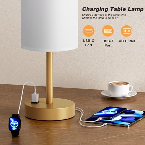 Fenmzee 17.4" Gold Lamp for Bedroom - Dimmable Touch, USB A+C, AC Outlet