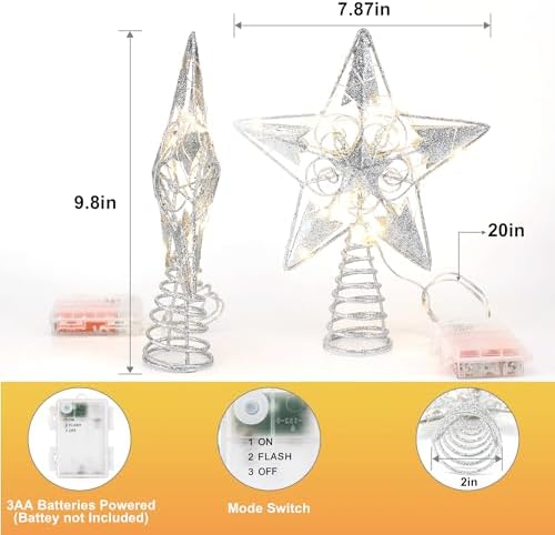 Brizled Silver Christmas Tree Topper, 8" Hollow-Out Xmas Star with 20 LED
