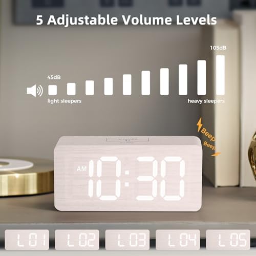 uscce Wooden Digital Alarm Clocks for Bedrooms with 0-100% Dimmable Display