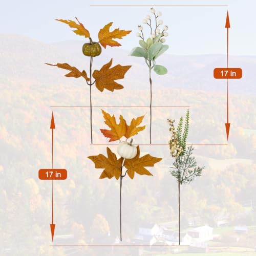 JINGHONG 12 Pack Artificial Fall Decorations 17 Inch Fall Picks Berry Stems with Pumpkins Maple Leaves Lamb Ears Leaves for Autumn Flower Arrangements Harvest Festival Thanksgiving Day Decor