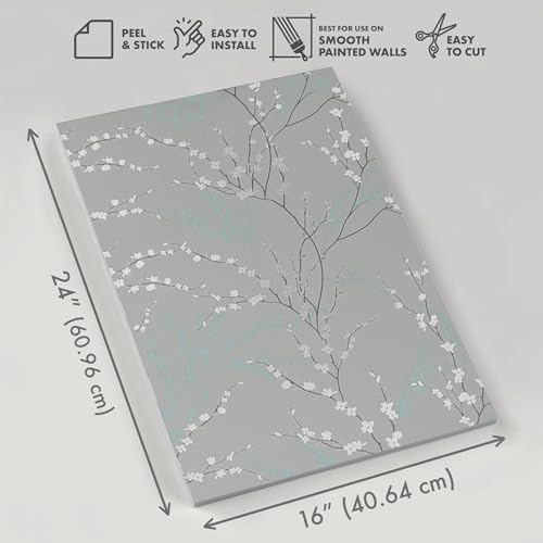 Peel and Stick Wallpaper Panels in West Coast Branch Floral Design / Sage Green / 16 x 24 / Set of 8