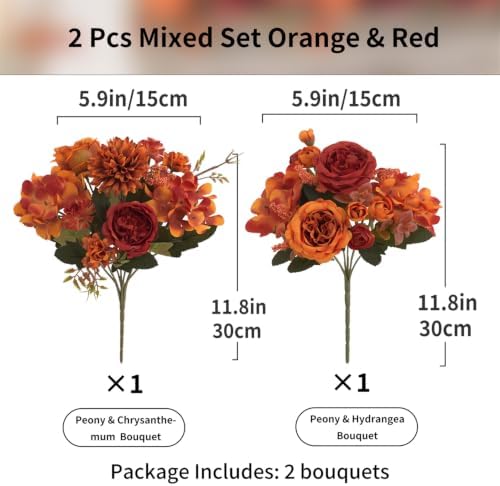 2 Pcs Fall Artificial Peony Hydrangea Bouquet, Burnt Orange Red Silk Faux Flower, Autumn Faux Floral Arrangements for Wedding Table Centerpiece Thanksgiving Halloween Farmhouse Indoor Outdoor Decor