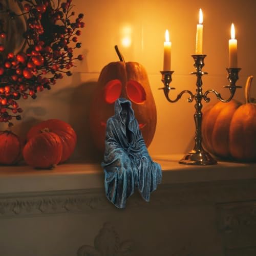 Gothic Home Decor, Resin Tabletop Gothic Sitting Figurine Shelf Sitter for Bookshelf and Desk, Grim Reaper Statue Ornament for Halloween Room Decor (Blue)