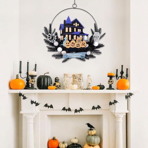 Pre-Lit Halloween Wreath for Front Door, Lighted Pumpkin with 6H On/18H Off