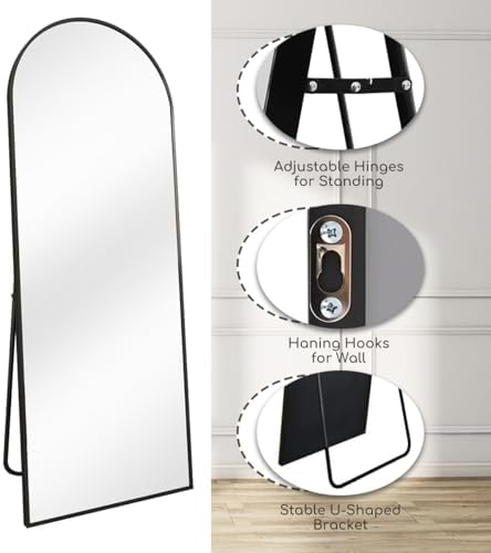 Prywot Arched Full Length Mirror, 58"x18" Floor Mirror with Stand, Black