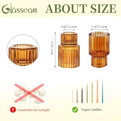 Glasseam Glass Tapered Candlestick Holders, 2 Pcs Amber Fall Table Decor