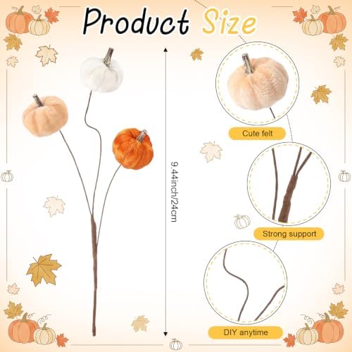 Suncalla 12 Pcs Fall Pumpkins Picks Velvet Fall Flower Picks