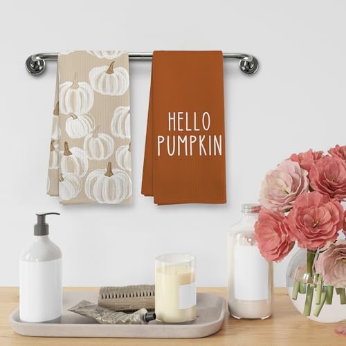 Fall Hello Pumpkin Kitchen Towels and Dishcloths Sets of 2, Fall Burnt Orange Beige White Pumpkin Decor Dish Hand Tea Towels Gifts for Bathroom Kitchen, Autumn Aesthetic Fall Decor, 16x24 in