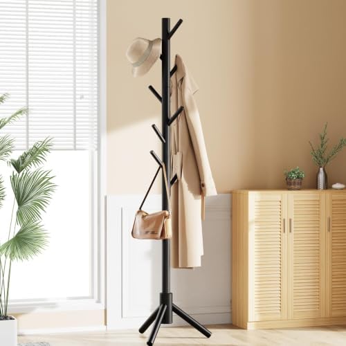 Pipishell Solid Wooden Coat Rack Freestanding with 8 Hooks, Black