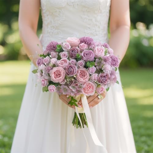 8 Pcs Mixed Artificial Peony Flowers Set-4 Bouquets & 4 Stems, Purple Fake Peony Rose Hydrangea Flower for Vase Silk Floral Arrangement for Table Centerpiece Wedding Party Bridal Decoration Home Decor
