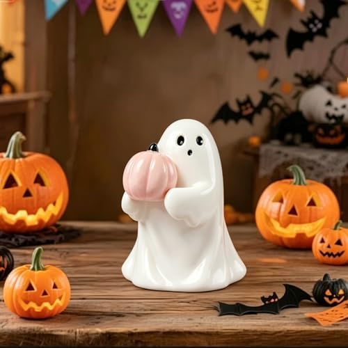 Halloween Ghost Figurine with Holding Pink Pumpkin Ghost Statue