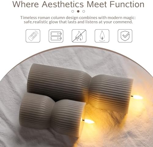 Taupe Ribbed Flameless Pillar Candles with Remote Set of 2