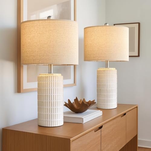 PoKat 24" Modern Ceramic Table Lamps Set of 2 for Bedroom, White Bedside Lamps for Night Stands, Farmhouse Desk Decor