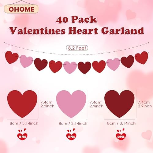 OHOME Valentines Day Decorations - Heart Valentines Garland - 40 Pack Valentine's Day Backdrop Banner Valentine's Day Accessories Party Favors for Door Wall Classroom School Home-Valentines Day Decor