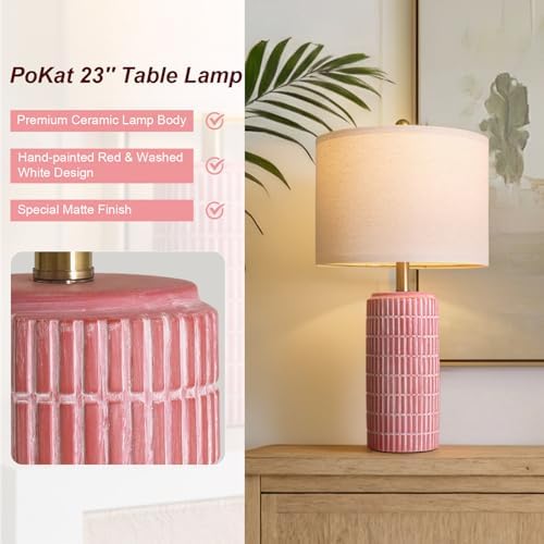 PoKat 23" Ceramic Table Lamps for Living Room, Farmhouse Bedside Lamps Set of 2 for Bedroom, Rustic Nightstand Lamps