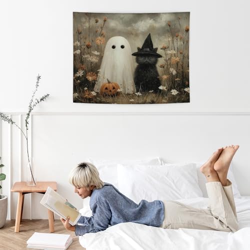 WHCHJ Halloween Ghost and Black Cat Tapestry, Gothic Witchy Cat Tapestry Wall Hanging, Whimsical Wildflower Spooky Tapestries Wall Blanket Decor for Party Home Bedroom Living Room Dorm, 50x60 Inch