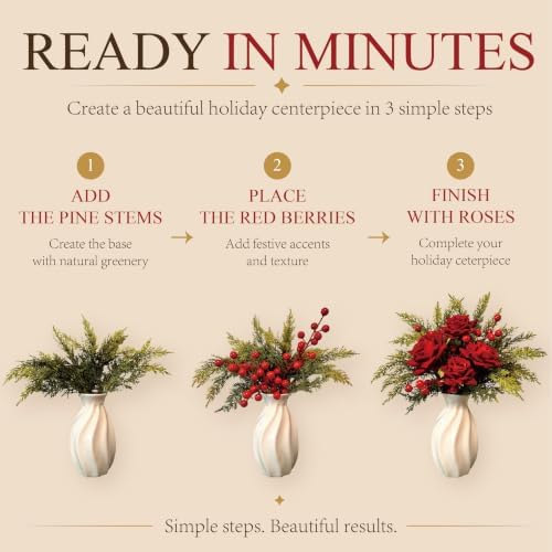 Christmas Centerpiece Kit, Artificial Flowers with Red Roses, Berries & Pine