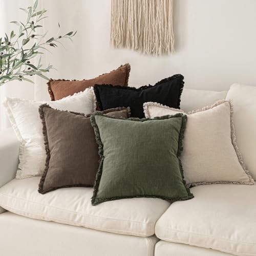 MIULEE Linen Fringe Decorative Euro Pillow Covers Chocolate Brown 22x22