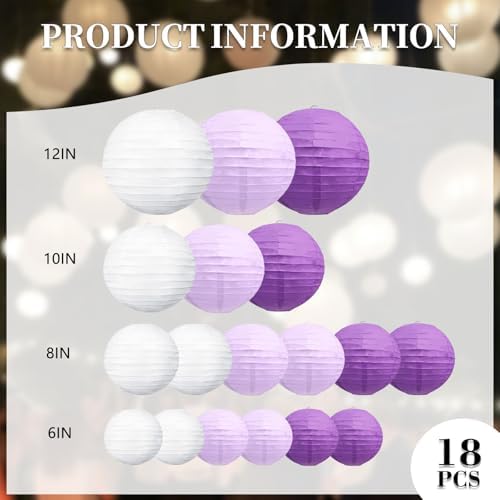 18Pcs Purple Light Purple White Paper Lanterns for Parties, 6” 8” 10” 12” Chinese Asian Hanging Round Paper Lanterns for Birthday Wedding Halloween Christmas Home Decor Party Decor
