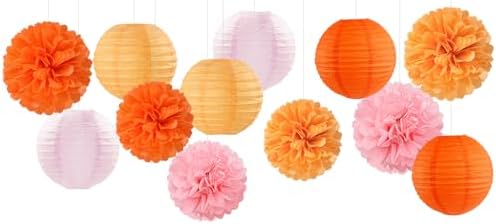 Pink-Orange Groovy Party-Decorations Paper-Flowers Lanterns - 15PCS Baby Shower Tissue Pom Poms Streamers, Fall Wedding Boho Birthday Bridal Bachelorette Sunset Hanging Supplies Decor Hugfond