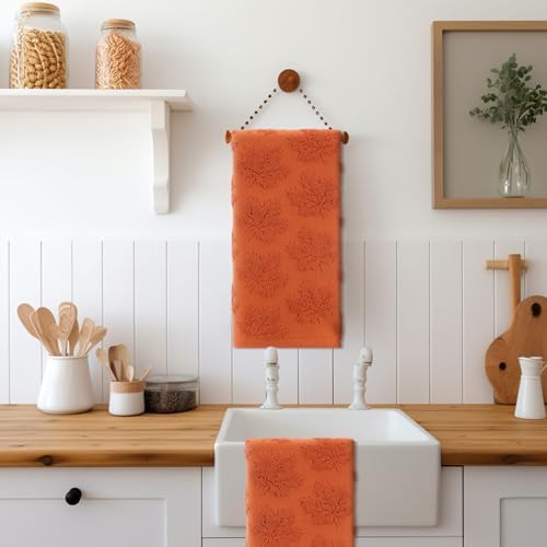 Mindsoft 2 Pcs Fall Hand Towels 3D Pumpkin Jacquard,Orange Maple Leaves