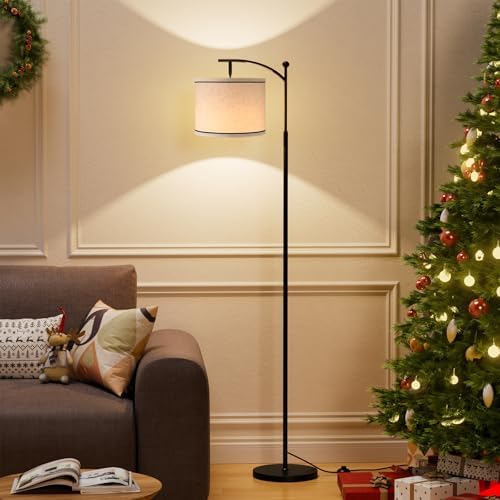 Ambimall 60" Floor Lamp for Living Room with 3 Color Temperatures, Beige Lampshade with Black Stripes, Tall Lamp for