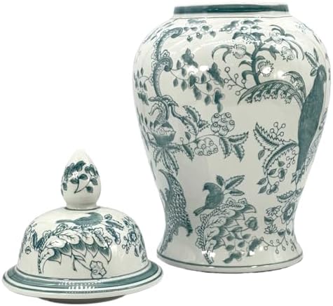 Galt International Dark Teal Parrot Floral Chinoiserie Ceramic Temple Jar 18" w/Lid - Ginger Jar Home & Kitchen Decor