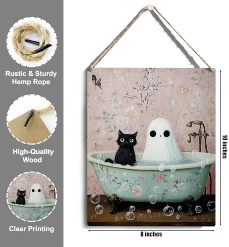 Funny Halloween Bathroom Decor, Cute Halloween Decorations Indoor, Spooky Halloween Wall Art Wooden Hanging Sign, Ghost Black Cat Farmhouse Wood Block Plaque Sign Decor for Home Toilet Bathroom