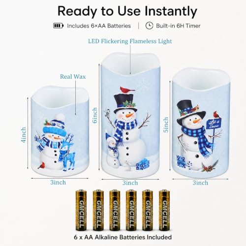 Blue Snowman Christmas Battery Operated Flameless Flickering LED Candles