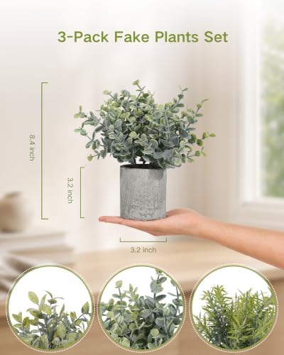 Velener Set of 3 Small Fake Plants Eucalyptus, Artificial Plants Indoor for Shelf, Potted Eucalyptus Plants for