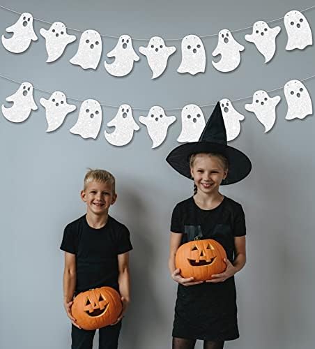 2 Pack Glittery Halloween Hanging Ghost Banners Halloween Party White Ghost Garland Party Banner for Haunted Houses Home Decorations Supplies White