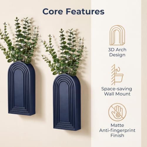 Dnnnii 2 Pack Wooden Wall Vase Set - Blue Finish Modern Farmhouse & Boho Wall Decor for Entryway, Hallway, Bathroom