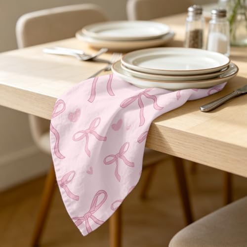 Pink Bow Dinner Cloth Napkins Set of 4, 18 x 18 Inch Washable Reusable Fabric Napkins, Gifts for Bow Lovers Girls, Bridal Shower Tea Party Kitchen Table Decor