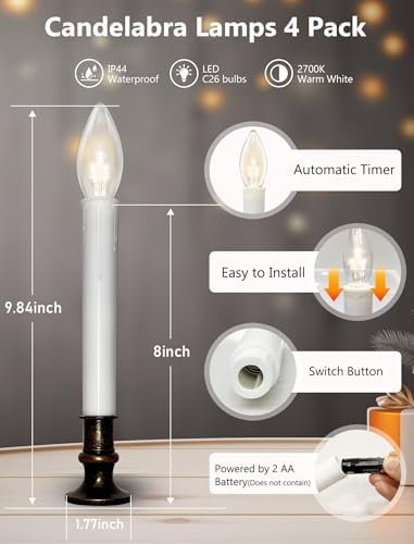4 Pack Christmas Window Candles Battery Operated with Timer Suction Cup, Flameless LED Christmas Candles Lights with C26 3V Ultra-Bright LED Bulbs for Indoor Dining Table Mantels Xmas Decor
