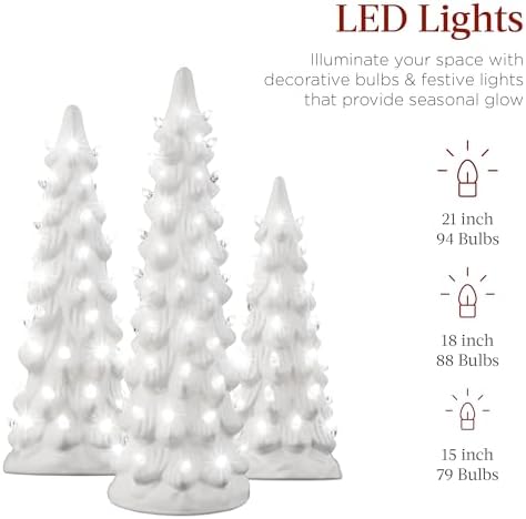 Best Choice Products Set of 3 XL Ceramic Christmas Trees, Pre-Lit Hand-Painted Tabletop Holiday Décor w/Warm White Bulbs, LED Lights – White