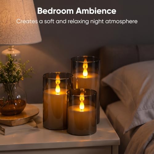Homemory Gray Flameless Candles, Battery Operated Acrylic LED Pillar Candles with Remote Timer, Realistic Flickering Fake Candles for Home Decor, Wedding, Party, Halloween Decorations, Set of 3