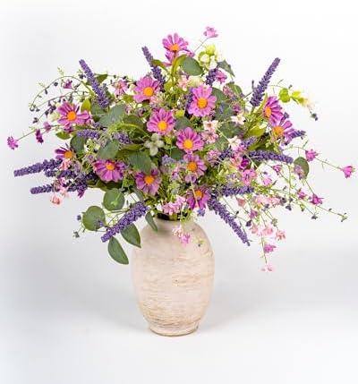 20" Artificial Flowers Bouquet for Vase Indoor, 6 stem Faux Silk Daisies Lavender Silver Dollar Eucalyptus Leaves Wildflower Floral Arrangement Home Decor for Living Room Dining Table Entryway