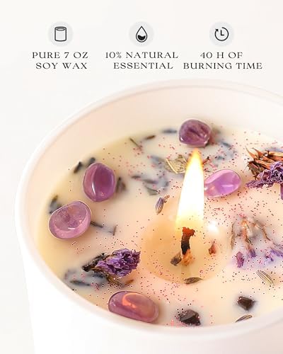 AOOVOO Lavender Scented Candle Set 2 Pack - Aromatherapy Candle with Crystals Inside, 14oz Soy Candles for Home