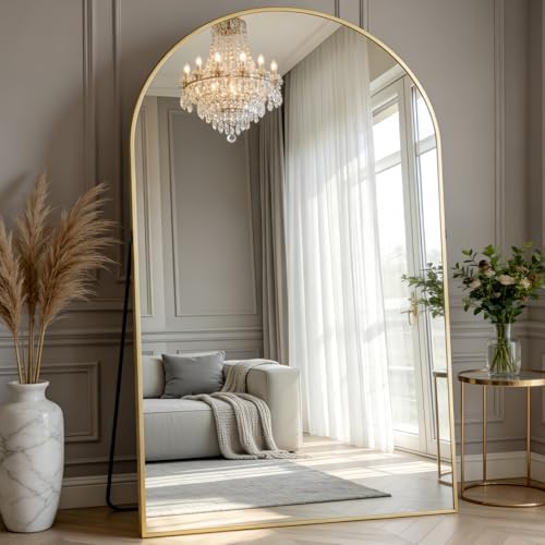 Prywot Full Length Mirror, Oversized 86"x46" Arched-Top Floor Mirror, Gold