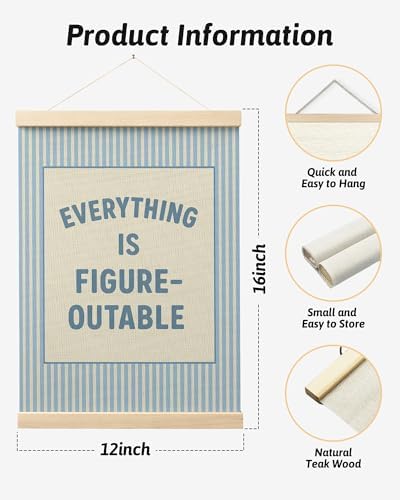 FGFK Preppy Blue Everything Is Figureoutable Inspirational Wall Art Poster Hanger Frame, Trendy Blue Striped Positive