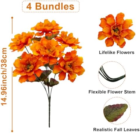 4 Bundles Fall Flowers for Cemetery Artificial Mums for Outdoors